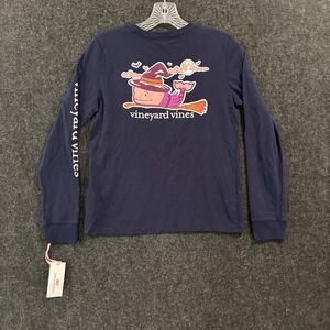 Vineyard Vines Shirt Youth Medium Navy Blue Whale Halloween Witch Broom Pocket